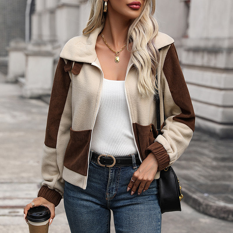 Color-Block Fleece and Corduroy Jacket with Stand Collar
