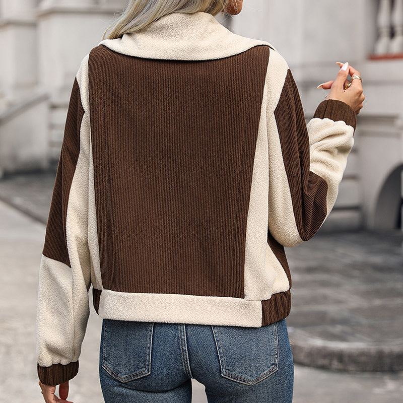 Color-Block Fleece and Corduroy Jacket with Stand Collar