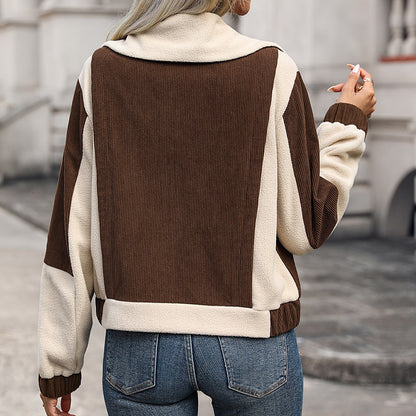 Color-Block Fleece and Corduroy Jacket with Stand Collar