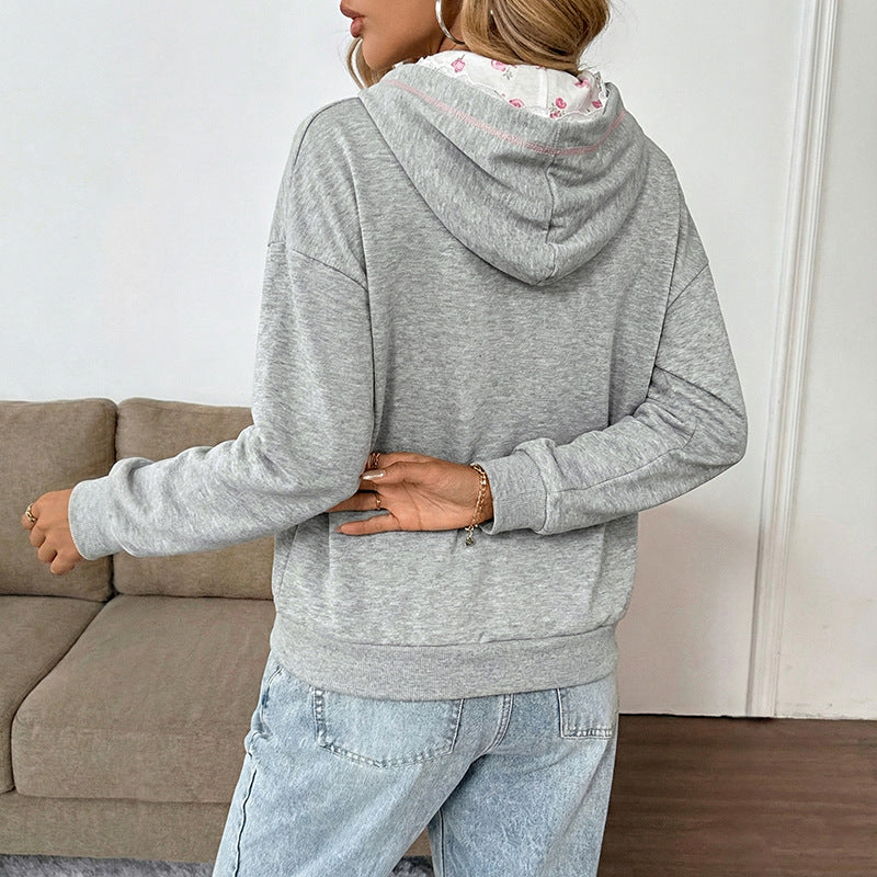 Gray Bow Embroidered Hoodie with Lace Trim