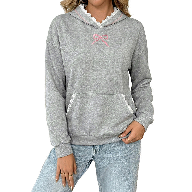 Gray Bow Embroidered Hoodie with Lace Trim