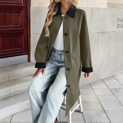 Longline Single-Breasted Coat with Contrast Collar & Cuffs
