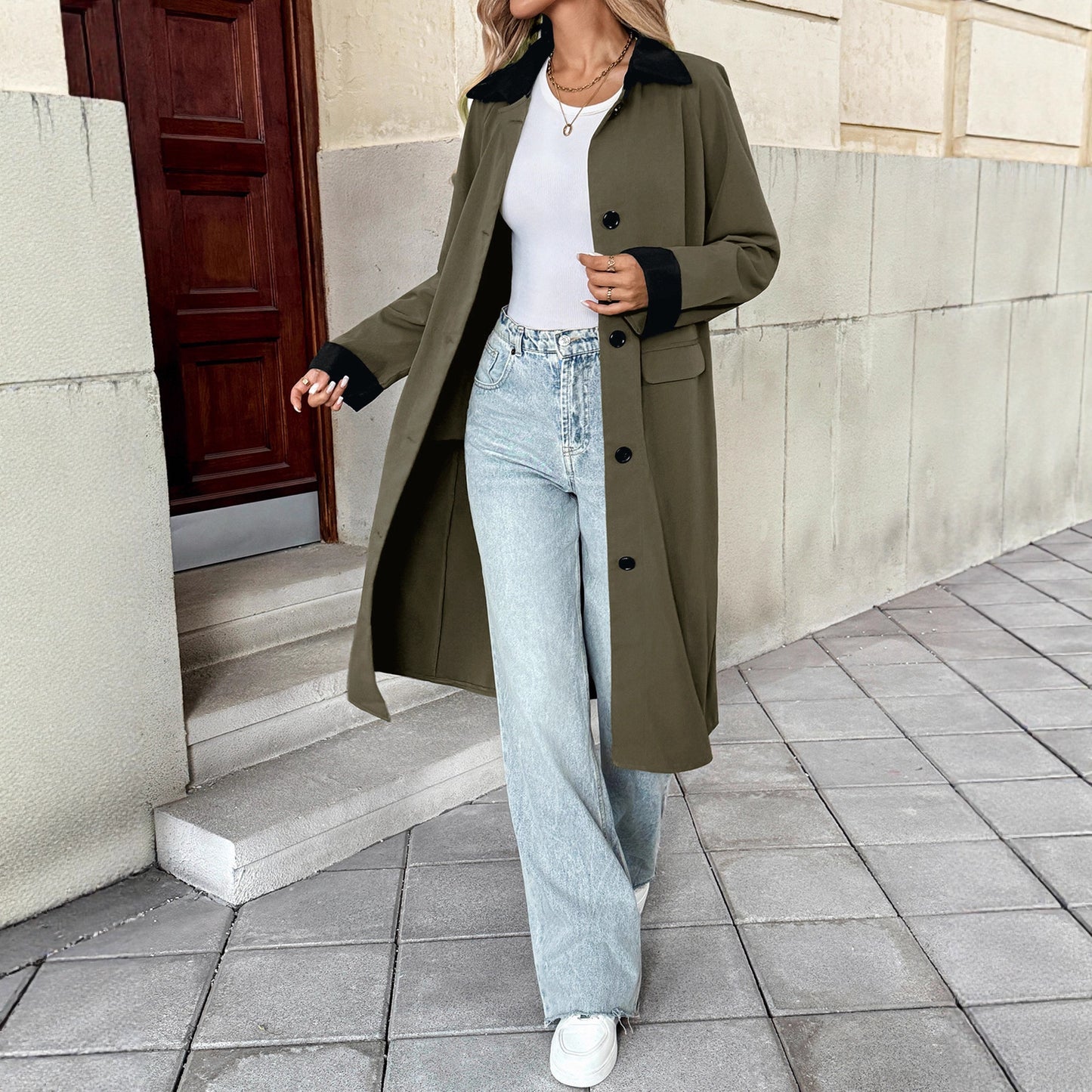 Longline Single-Breasted Coat with Contrast Collar & Cuffs