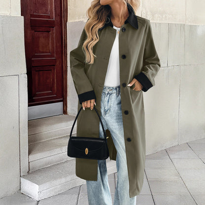 Longline Single-Breasted Coat with Contrast Collar & Cuffs