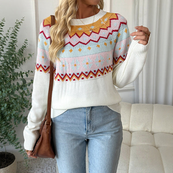 Fair Isle Loose Knit Sweater with Round Neck
