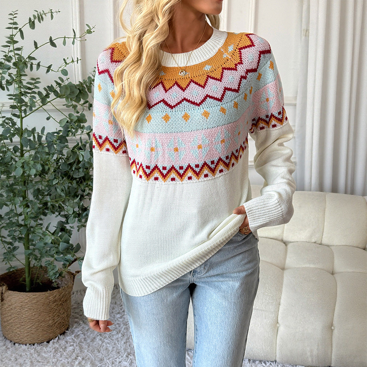 Fair Isle Loose Knit Sweater with Round Neck