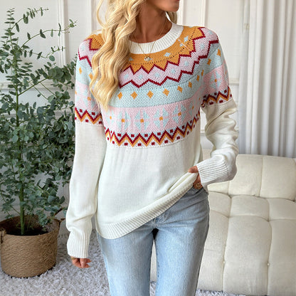 Fair Isle Loose Knit Sweater with Round Neck