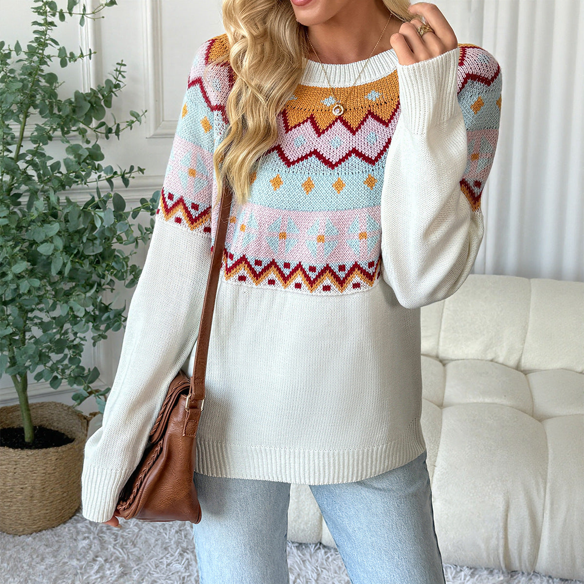 Fair Isle Loose Knit Sweater with Round Neck