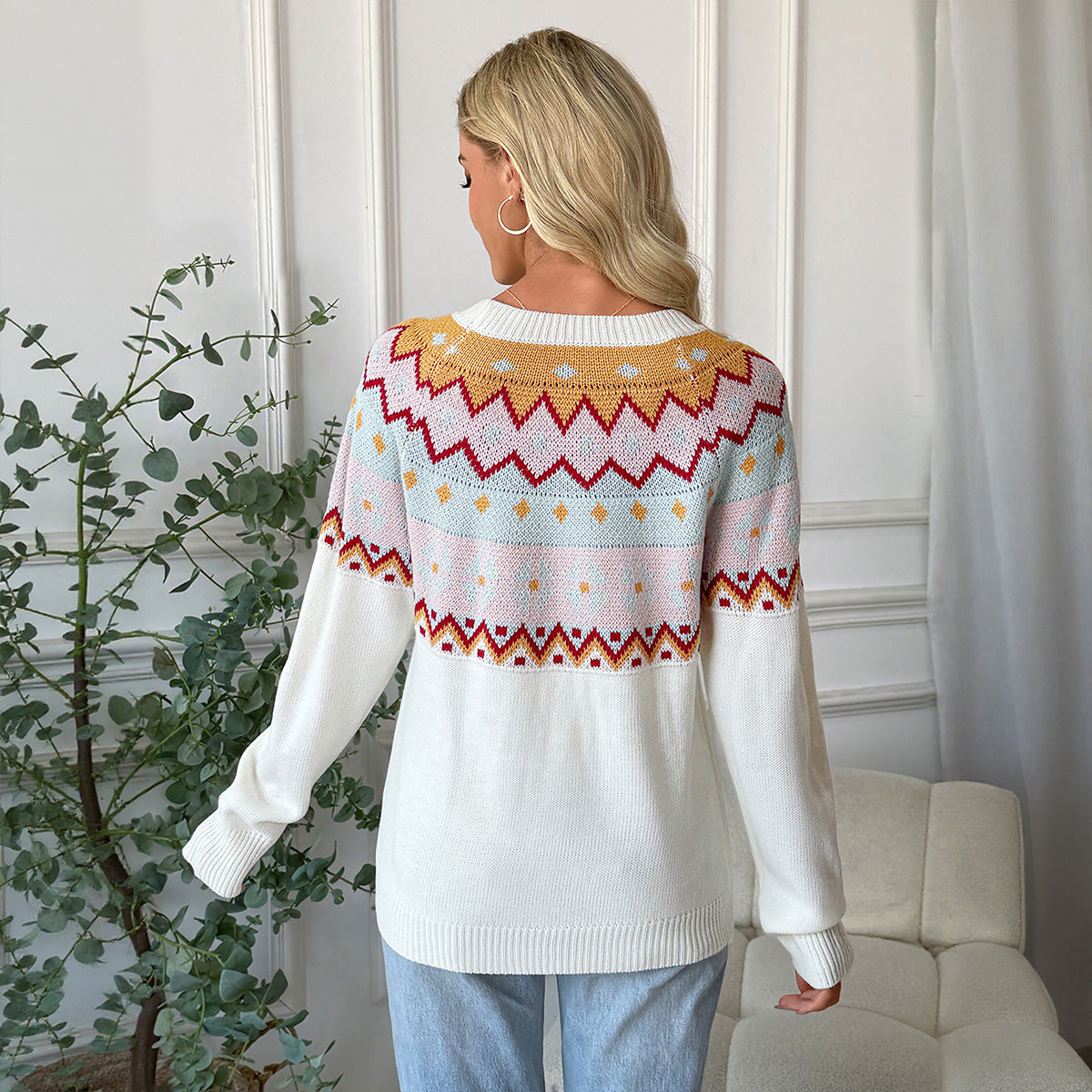 Fair Isle Loose Knit Sweater with Round Neck