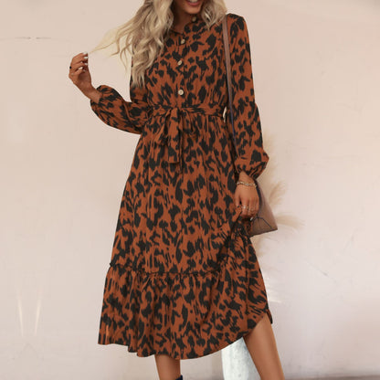 Animal Print A-Line Midi Dress with Button Front and Tie-Waist