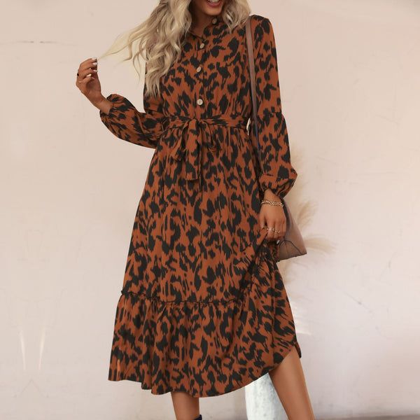 Animal Print A-Line Midi Dress with Button Front and Tie-Waist