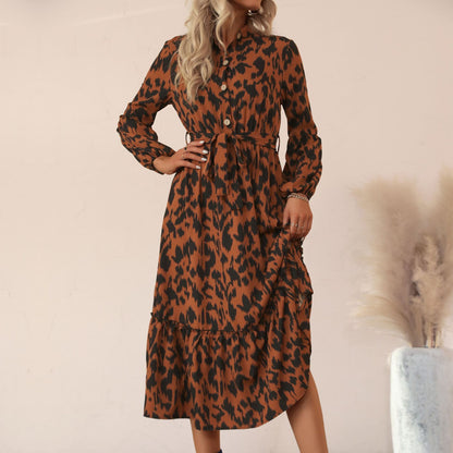 Animal Print A-Line Midi Dress with Button Front and Tie-Waist