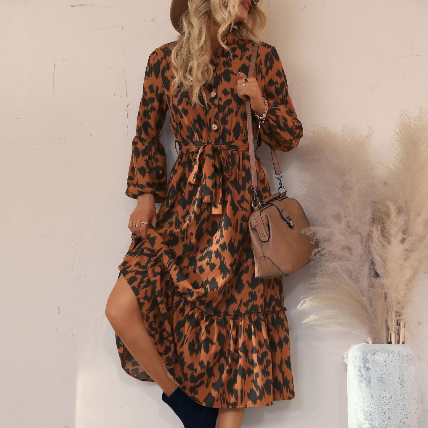 Animal Print A-Line Midi Dress with Button Front and Tie-Waist