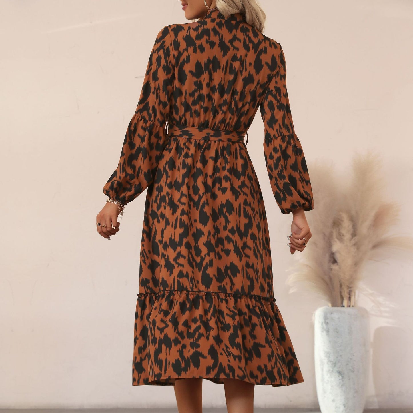 Animal Print A-Line Midi Dress with Button Front and Tie-Waist