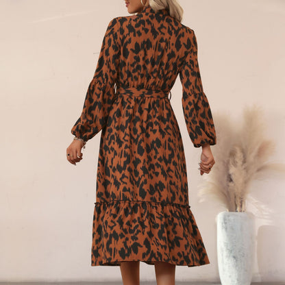 Animal Print A-Line Midi Dress with Button Front and Tie-Waist