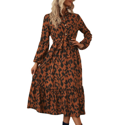 Animal Print A-Line Midi Dress with Button Front and Tie-Waist