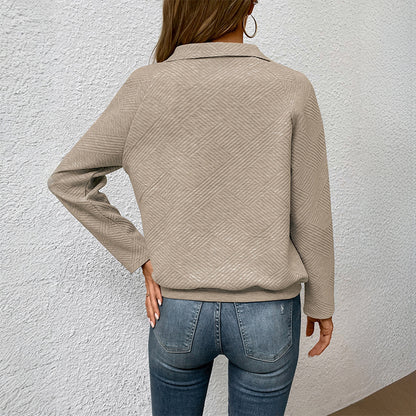 Quilted Pullover with Snap-Button Half-Open Collar and Kangaroo Pocket