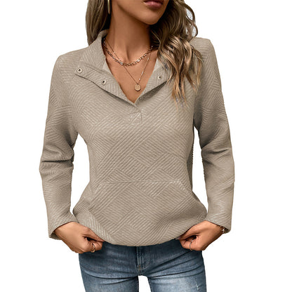 Quilted Pullover with Snap-Button Half-Open Collar and Kangaroo Pocket