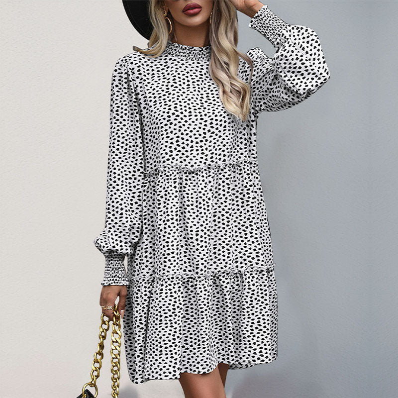 Animal Print Tiered Dress with Half Turtleneck