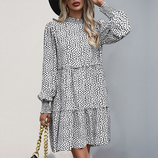 Animal Print Tiered Dress with Half Turtleneck