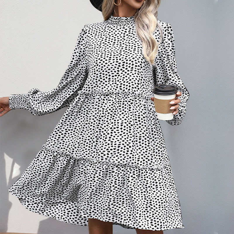 Animal Print Tiered Dress with Half Turtleneck