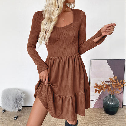 A-Line Knitted Mini Dress with Square Neck and High Waist