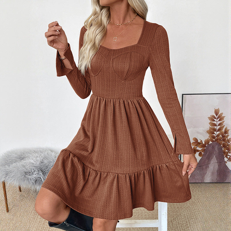 A-Line Knitted Mini Dress with Square Neck and High Waist
