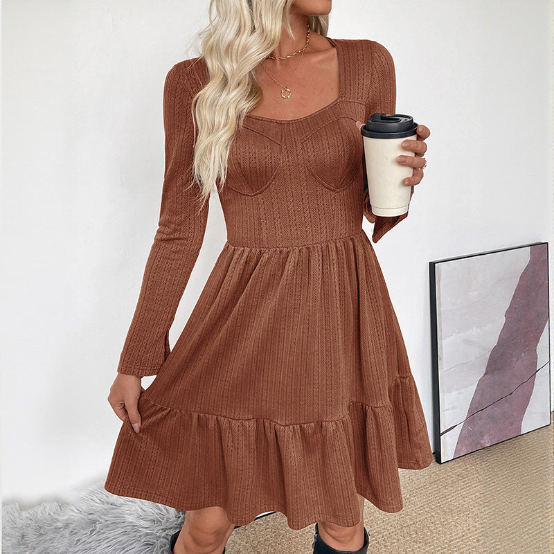 A-Line Knitted Mini Dress with Square Neck and High Waist