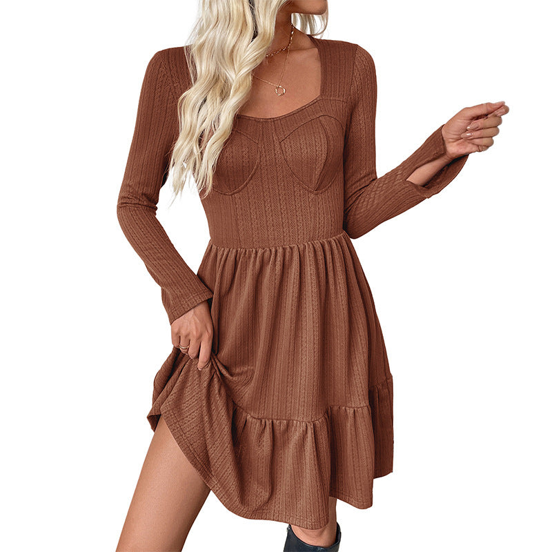 A-Line Knitted Mini Dress with Square Neck and High Waist
