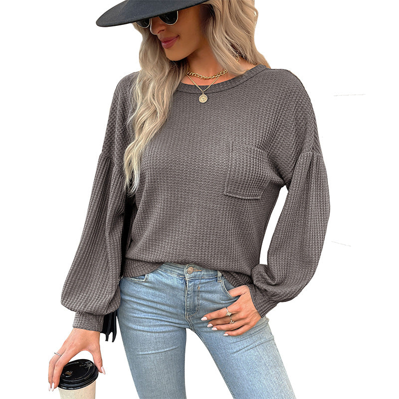 Waffle Knit Top with Lantern Sleeves and Strappy Back