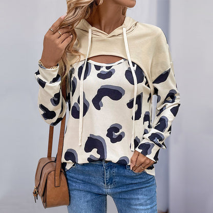 Leopard Print Fake Two-Piece Hoodie with Cutout Detail