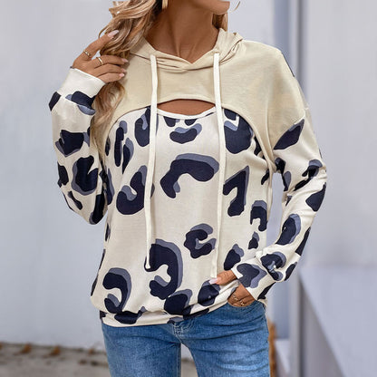 Leopard Print Fake Two-Piece Hoodie with Cutout Detail