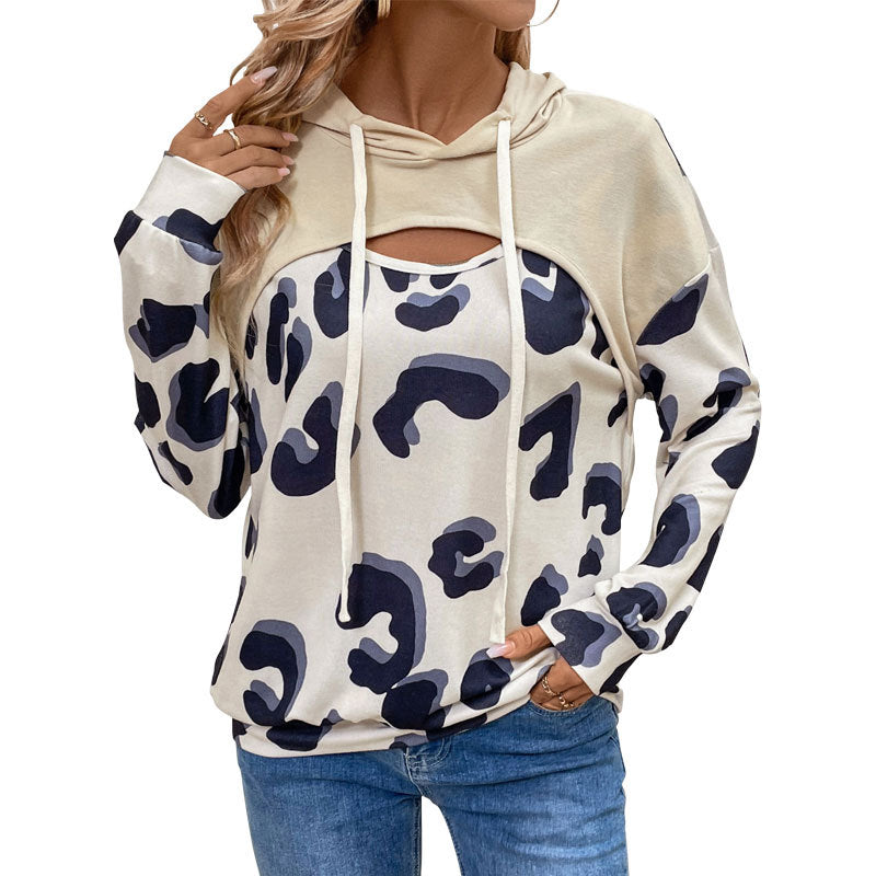 Leopard Print Fake Two-Piece Hoodie with Cutout Detail
