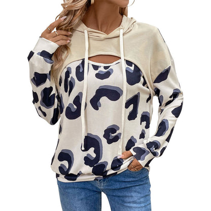 Leopard Print Fake Two-Piece Hoodie with Cutout Detail