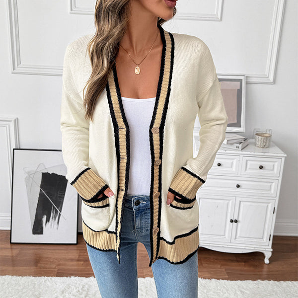 Contrast Trim Knit Cardigan with V-Neck and Pockets
