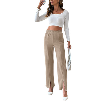 High-Waisted Ribbed Straight Pants with Slit Hem