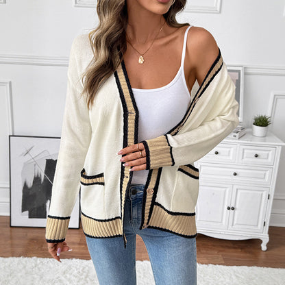 Contrast Trim Knit Cardigan with V-Neck and Pockets