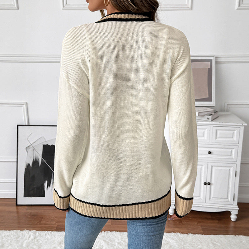 Contrast Trim Knit Cardigan with V-Neck and Pockets