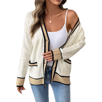 Contrast Trim Knit Cardigan with V-Neck and Pockets