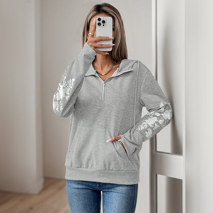 Floral Print Hooded Half-Zip Sweatshirt