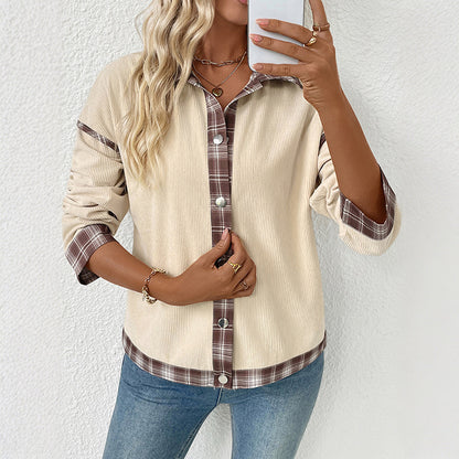 Oversized Corduroy Shacket with Plaid Patchwork Trim