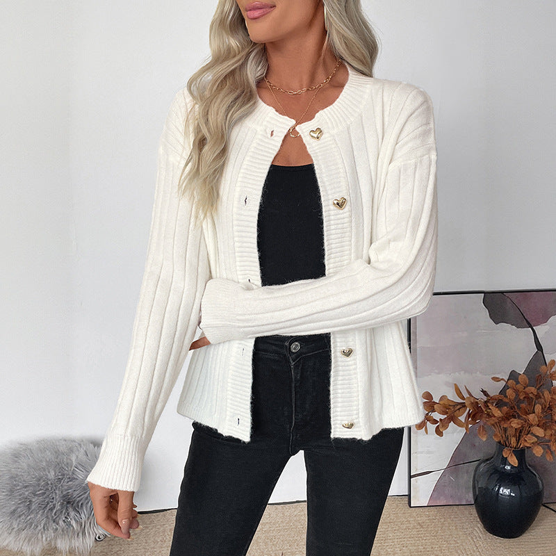Loose Ribbed Knit Cardigan with Metal Heart Buttons