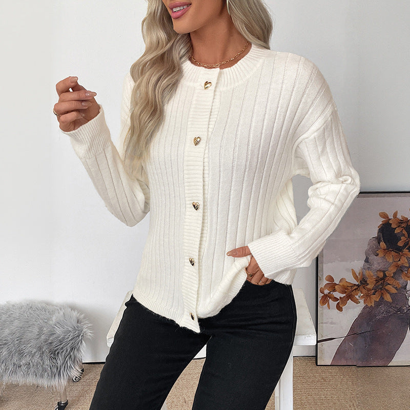 Loose Ribbed Knit Cardigan with Metal Heart Buttons
