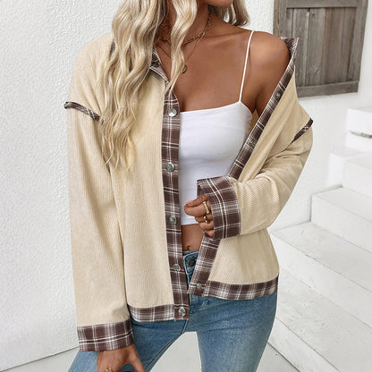 Oversized Corduroy Shacket with Plaid Patchwork Trim