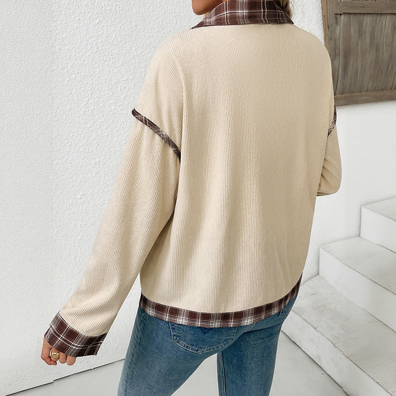 Oversized Corduroy Shacket with Plaid Patchwork Trim