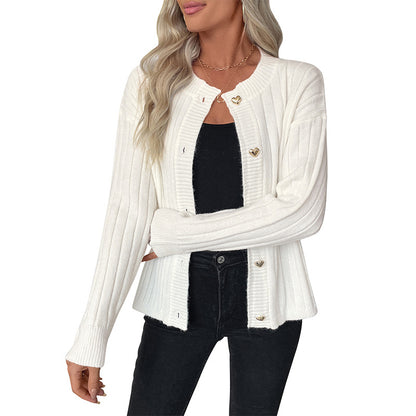 Loose Ribbed Knit Cardigan with Metal Heart Buttons