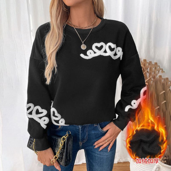 Heart Pattern Loose Sweatshirt with Round Neck and Warm Fleece