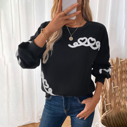 Heart Pattern Loose Sweatshirt with Round Neck and Warm Fleece