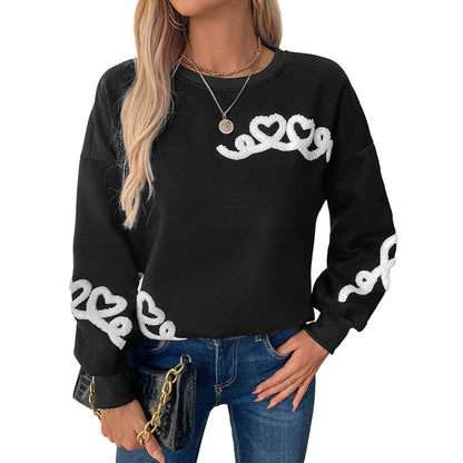 Heart Pattern Loose Sweatshirt with Round Neck and Warm Fleece