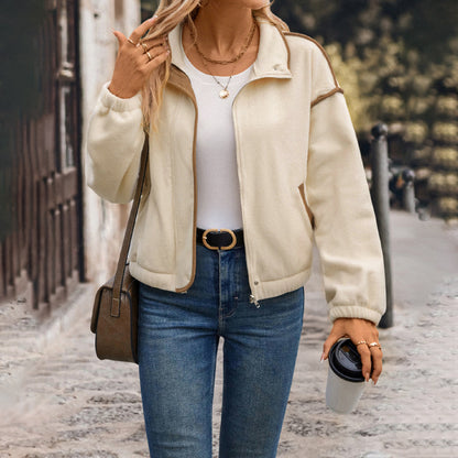 Cropped Fleece Jacket with Stand Collar and Color-Block Trim
